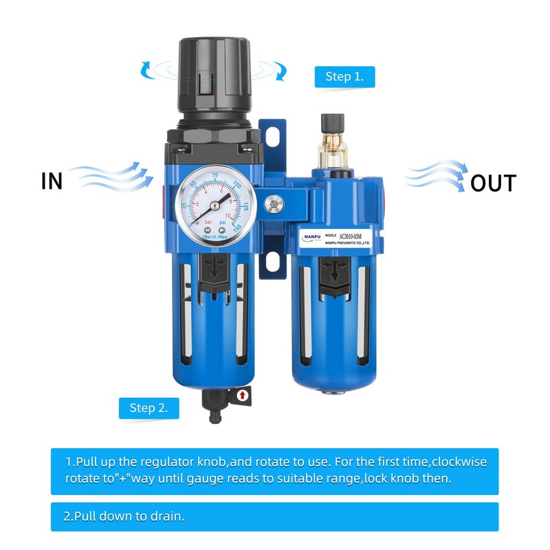 NANPU 3/8" NPT Compressed Air Filter Regulator Lubricator Combo, Water/Oil Trap Separator - Gauge(0-150 psi), Poly Bowl, Manual Drain, Bracket - AC3010-03M - Image 4